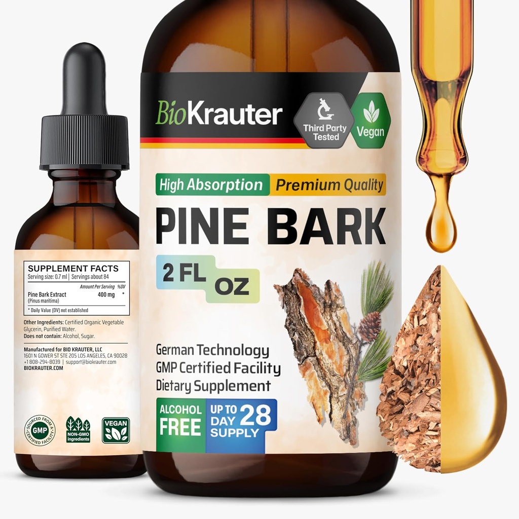 BIO KRAUTER Pine Bark Extract - runsaasti antioksidantteja Liquid Supplement - 400 mg Ranskan Maritime Pine Bark Extract Drops - Vegan, Alkoholiton ja sokeriton - 2 Fl Oz
