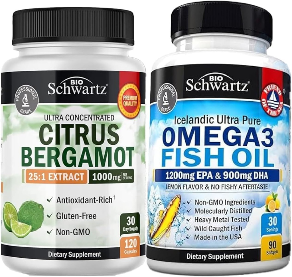 Triple Strength Omega 3 Fish Oil Softgels (1 kuukausi tarjonta) Plus 1000mg Citrus Bergamot täydennysosa (1 kuukausi tarjonta)