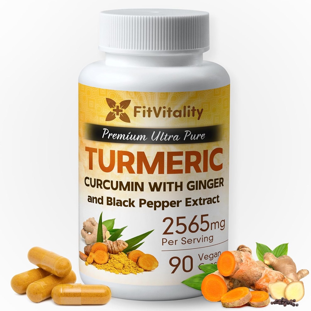 Kurkuma Curcumin 2565 mg, 90 kapselia, 95% kurkumainoidit ja bioPerine Black Pepper Extract, ekstravahvuus Turmeerinen lisäravinteet, kaikki luonnolliset ja muut kuin muuntogeeniset organismit, gluteeniton kasviskapseli