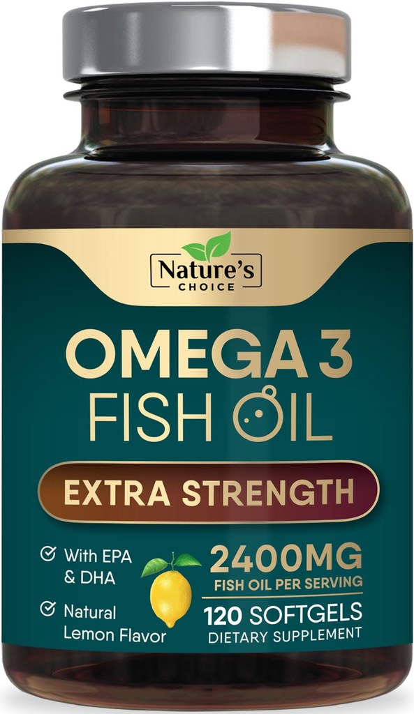 Omega 3 Fish Oil Supplement 2400 mg - Triple Strength EPA & DHA Fish Oil Omega 3, Essential Favoys Supplement Softgels, Brain & Heart Health Support Supplements, Gluteeniton ei-GMO, 120 Softgels