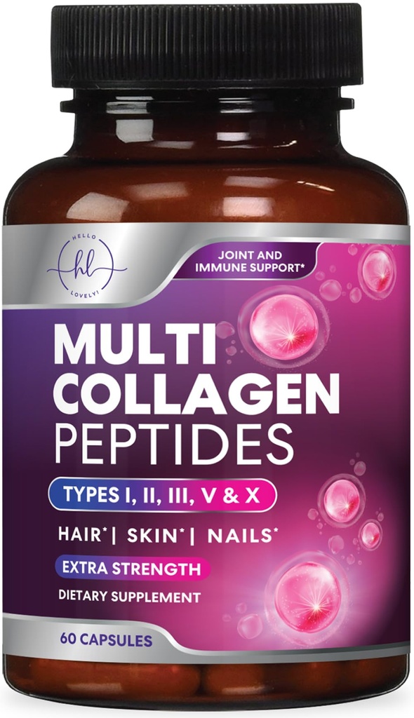 Multi Collagen Supplement 2400 mg - tyypit I, II, III, V & X Multi Collagen Peptides pillerit naisille ja miehille, hydrolysoidut kollageenilisät, hiukset, iho, kynsi & niveltuki täydentää, 60 kapselia