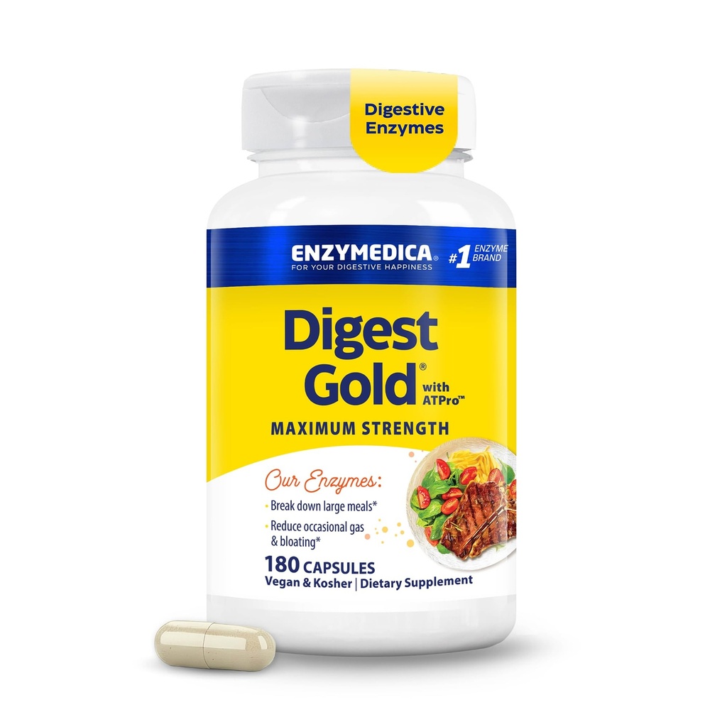 Enzymedica Pigest Gold + ATPro, Maximum Strength, Nopea toiminta, auttaa Digest suuria aterioita, estää turvotusta ja kaasua, 180 kreivi (FFP)
