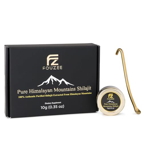 FOUZEE Pure Himalayan Mountains Shilajit - 77% + Fulvic Acid Authentic Kova johdonmukaisuus, luonnollinen lähde Fulvic Acid, yli 85 Trace Minerals, sisältää ruostumattoman teräksen spoon (10 grammaa)