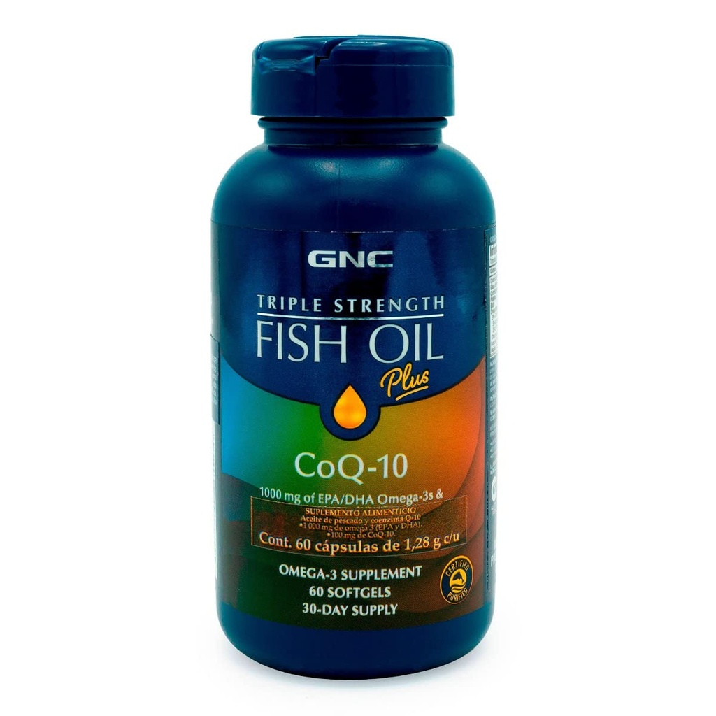 GNC Triple Strength Fish Oil Plus CoQ10 Omega 3 täydennysosa, 1000mg EPA ja DHA, 100mg CoQ10, Sydän ja Circulatory Health, Plus iho, nivelet, aivot, ja silmä, päällystetty Fishy Burps, 30 tarjoilut