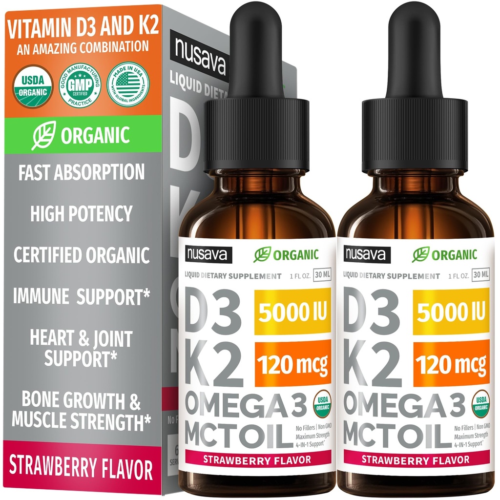 (2 pakkaus) Orgaaninen D3-vitamiini K2 Drops 5000 IU MCT Oil Omega 3 - maksimaalinen vahvuus neste D3 - ei täyteaineita, ei-GMO nopeampi imeytyminen, immuuni tuki (Strawberry, 2 Fl Oz)