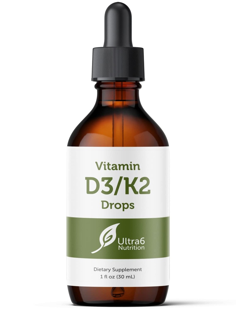 Ultra6 D- ja K2-vitamiinit - nestemäinen D3-vitamiini, jossa K2-lisät aikuisille - helppokäyttöinen, mauton, erittäin imeytyvä VIT D3 ja K2 lisäravinteet, valmistettu Yhdysvalloissa (30 ml)
