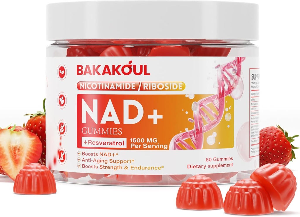 NAD Gummies, NAD Supplement - Liposomal Nikotinamidi Ribosidi, Resveratrol, Quercetin, NAD Nikotinamidi Riboside Resveratrol 900 mg, NAD+ Supplement for Miehet ja naiset, 60 Gummies 1 pakkaus