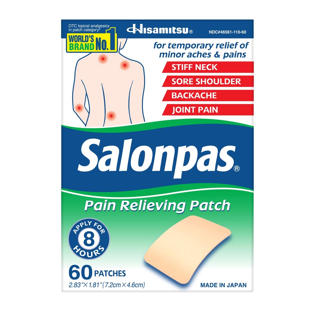 Salonpas Pain Relieve Patch takaisin, kaula, olkapää, polvikipu ja lihasten arkuus - 8 tunnin kipu helpotus - 60