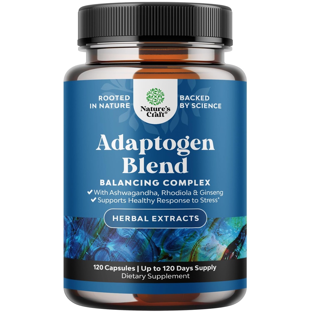 Herbal Adaptogen Mood Support Supplement - Calming Adaptogens Supplement for Stressi & Kortisol Management Ashwagandha Rhodiola Rosea & Maca Root - Vegaani non GMO & Daytime Friendly -120ct