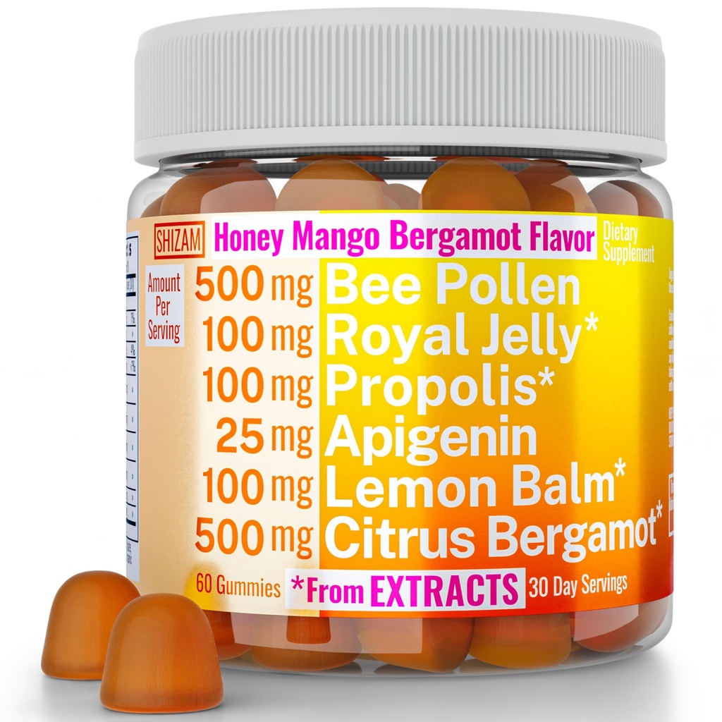 Bee Pollen Apigenin Citrus Bergamot Gummies w Organic Propolis Royal Jelly Honey Lemon Balm Extract, Supplement for Men Kids, Tincture Drops Powder Capsule Herb Capsules Lisäravinteet Alt, Pollan Polen