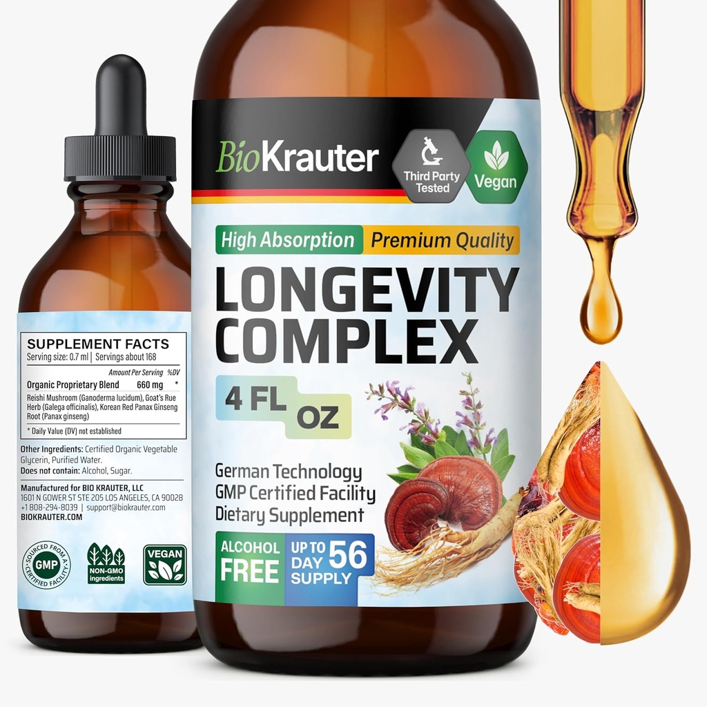 BIO KRAUTER Longevity Mushroom Supplement - Liquid Reishi Mushroom Complex Goat.s Rue & Red Ginseng juuriuute - Vegan Tincture - Alkoholin ja sokerin vapaa pudotukset 4 Fl.Oz.