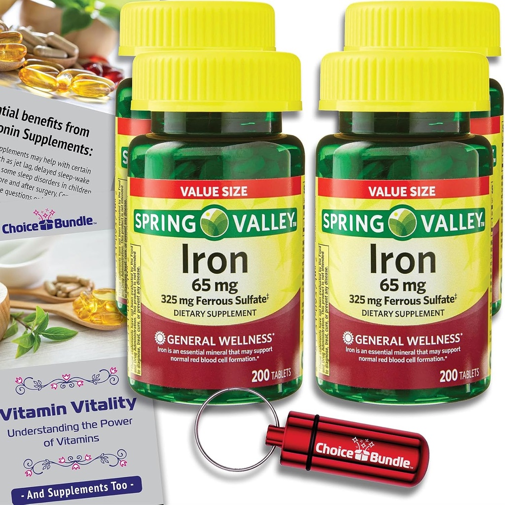 Spring Valley Iron Tabletit Ravintolisä Arvo 65 mg 200 CT 4 Pk Valitse Bundle (800 yhteensä) + Vitamiini Vitality Guide & Pill Container (6 Items)!