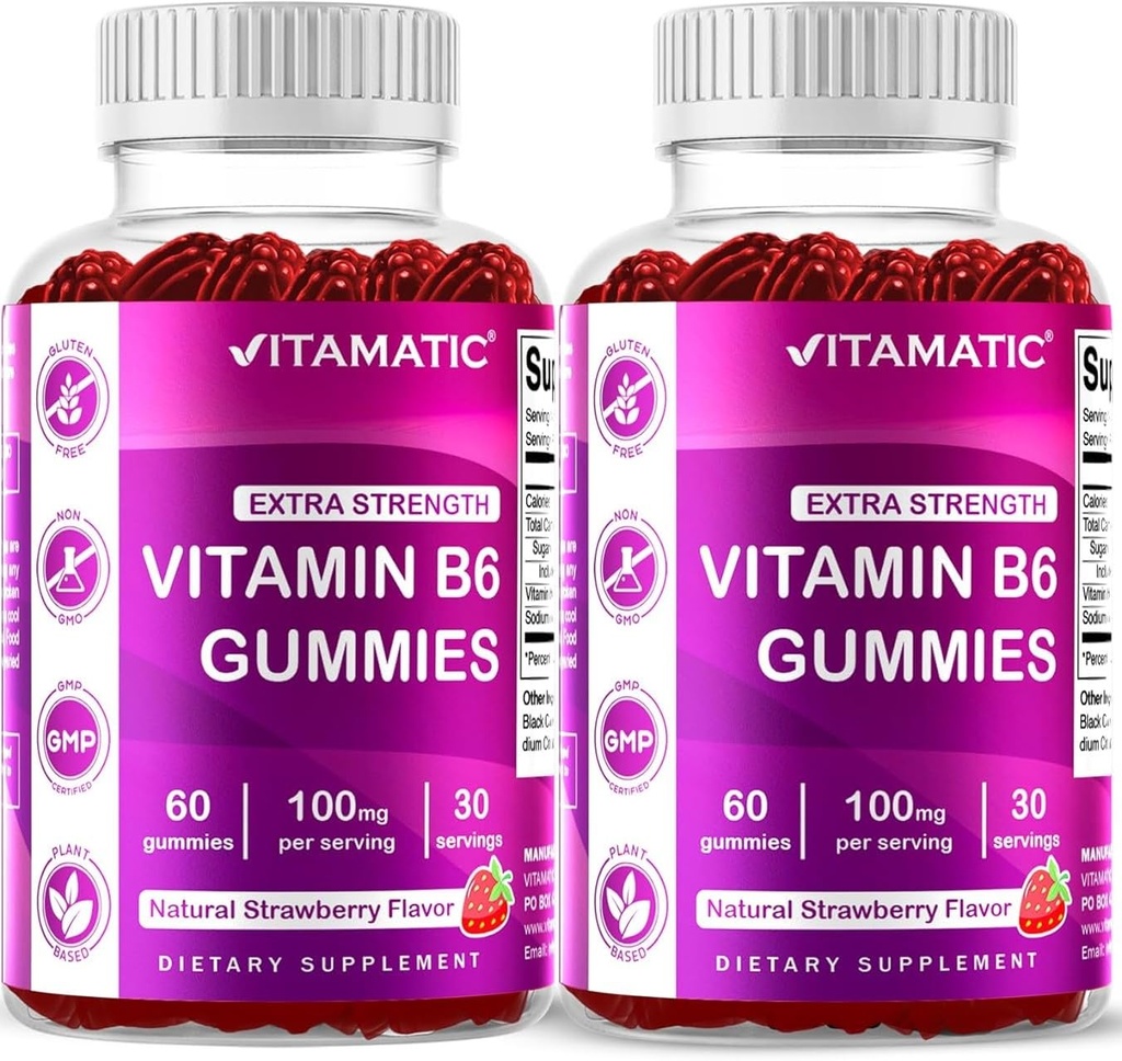 Vitamatic 2 Packs Vitamin B6 100mg Gummies - Natural Strawberry Flavor - 60 Pectin-Based Gummies per flaska - Nervous System & Energy Support