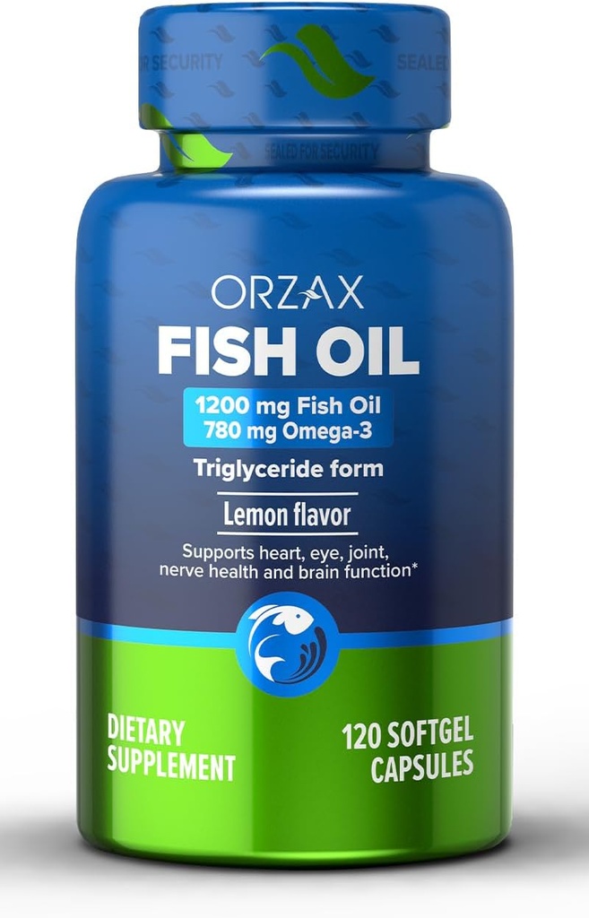 ORZAX Omega 3 Fish Oil 1200 mg - EPA DHA Omega 3 täydennysosa - edistää sydän, silmät, nivelet, hermo, immuuni, aivot ja veren terveys - Burpless & Sitruunamaku - ei-GMO - 120 Softgels - 60 päivän tarjonta