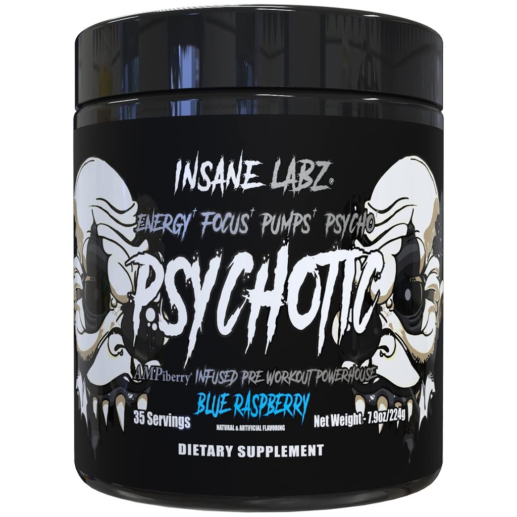 Insane Labz Psykotic Black Edition Mid Stimulant Pre Treenout Powder, Energy Focus Pumput, Ladattu Creatiini Beta Alanine Tauriini Polttoaineena AMPiberry, 35 tarjoiluja (sininen vadelma)