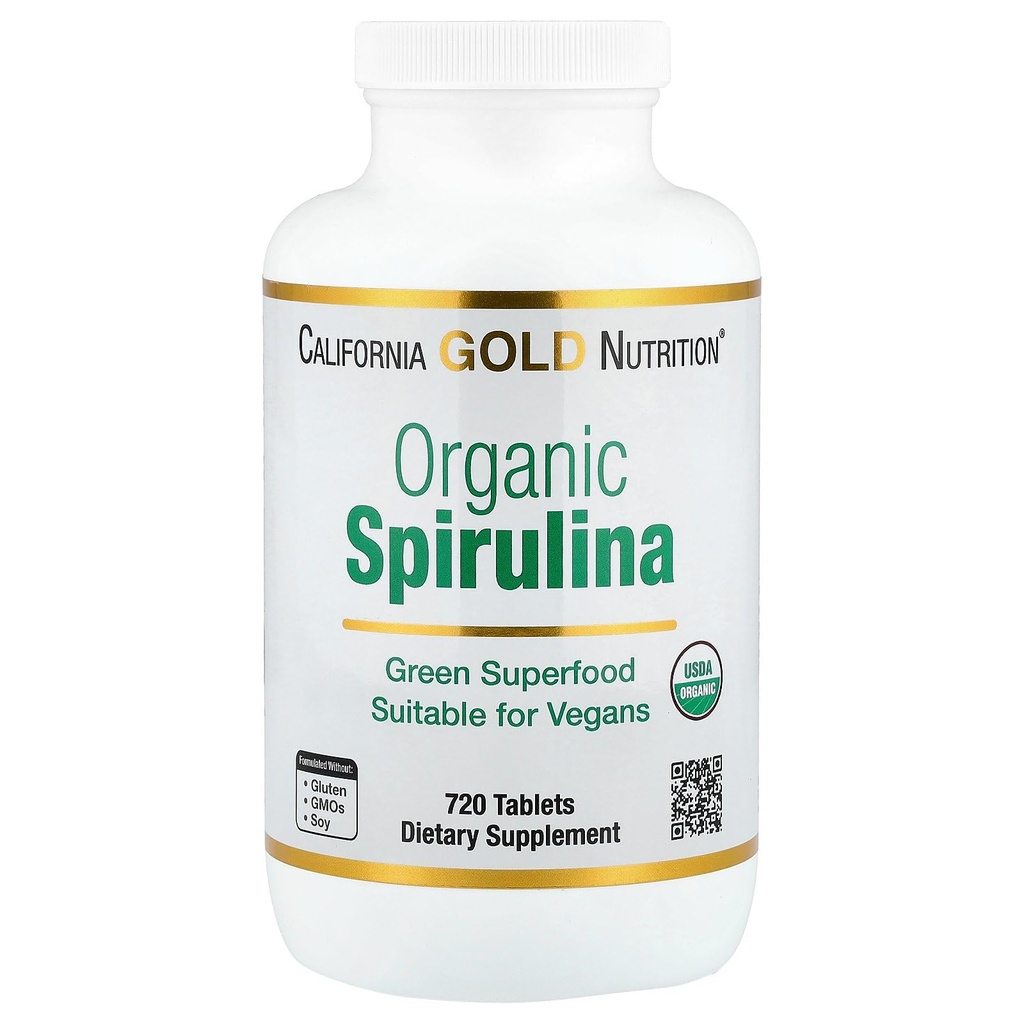 California Gold Nutrition Certified Organic Spirulina, USP Varmennettu, USDA Organic, Non-GMO, 500 mg, 720 Kasvissyöjä Tabletit