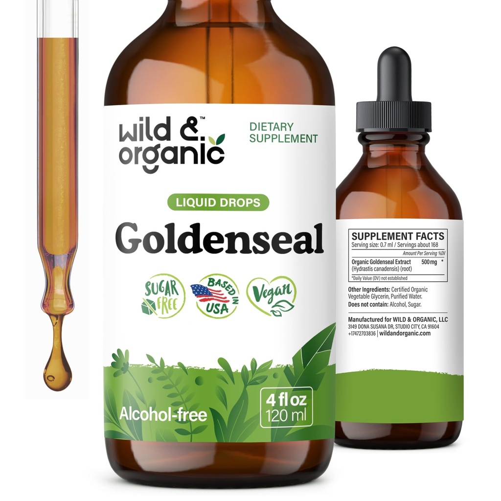 Wild & Organic Goldenseal Tincture - Lung & Dgestive Support - Goldenseal juuriuute Liquid Drops - Vegan, Sokeri & Alkoholiton Herb Supplement - 4 fl oz