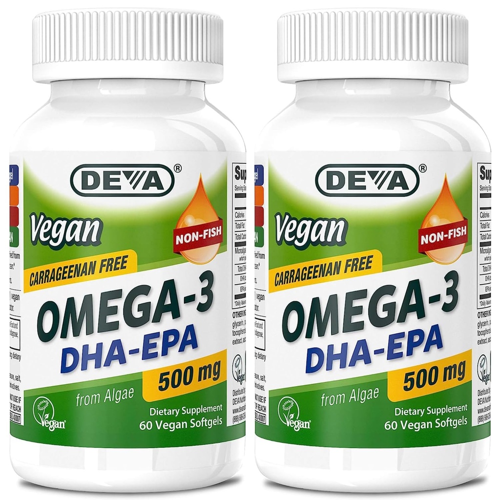 DEVA Vegan Omega-3 DHA-EPA 500MG 2-pakkaus Ei Carrageenia, ei kalaöljyä Algae, ei-GMO, 60 Liivate-vapaa Softgels Ea