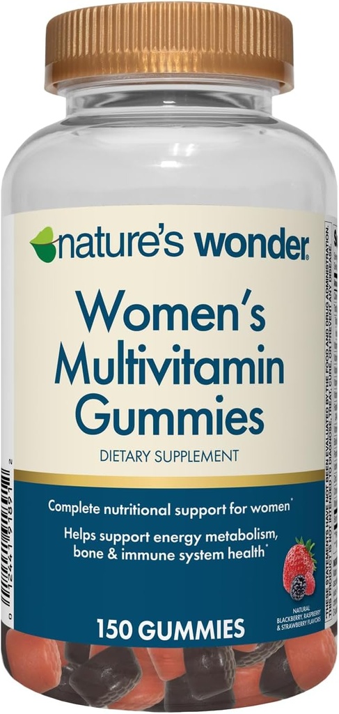 Nature's Wonder Women's Multivitamiini Gummies, tukee energiaa, aineenvaihduntaa, luu- ja immuunijärjestelmän terveyttä vitamiineilla A, C, D, B6, B12, Biotiini, Foolihappo, 75 päivän tarjonta, 150