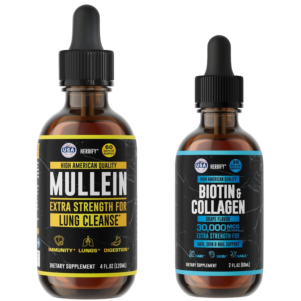 HERBIFY Bundle - Mullein Leaf Extract & Biotin och Collagen - Respiratory Support & Hair Skin och Nails Vitamins Support