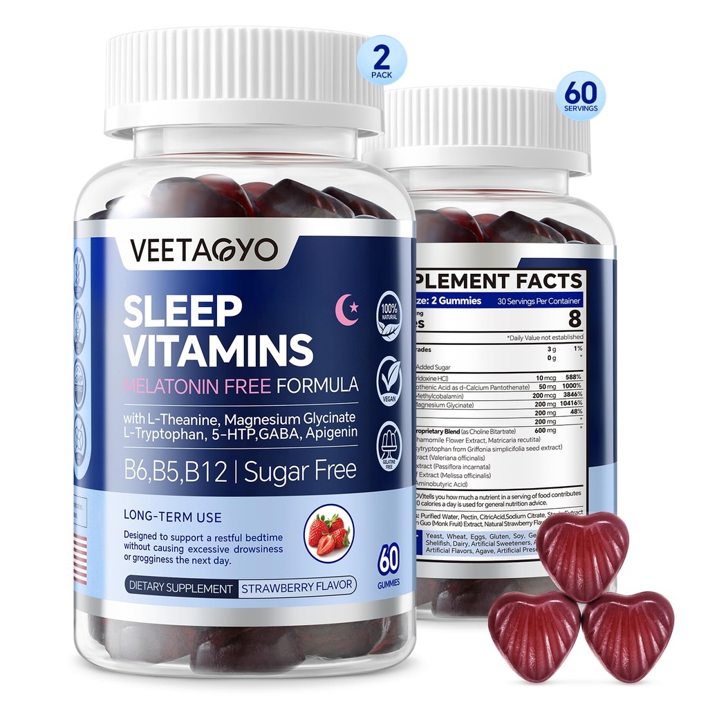 Melatoniiniton 5-HTP GABA-lisä Gummies for Adults & Kids 12+ with L-Theanine, Magnesium Glycinate, L-Tryptofaani, Apigenin - Sokeriton, Mansikka maku, Vegan, 120 Count