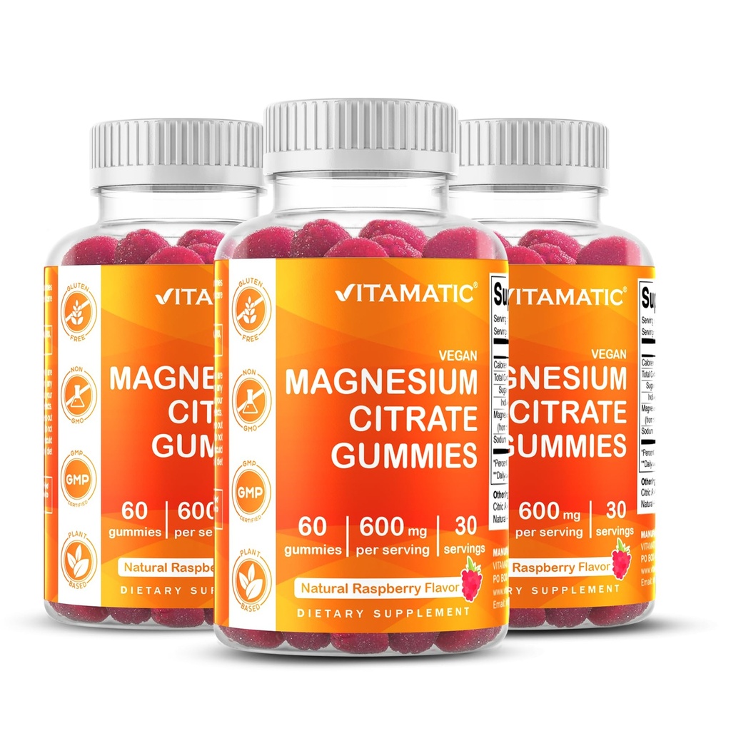 Vitamatic Magnesium Gummies 600 mg per tarjoilu ... 60 Vegan Gummies... Rentoutus, lihasten, luun ja energian tuki ... 3 pakkaus