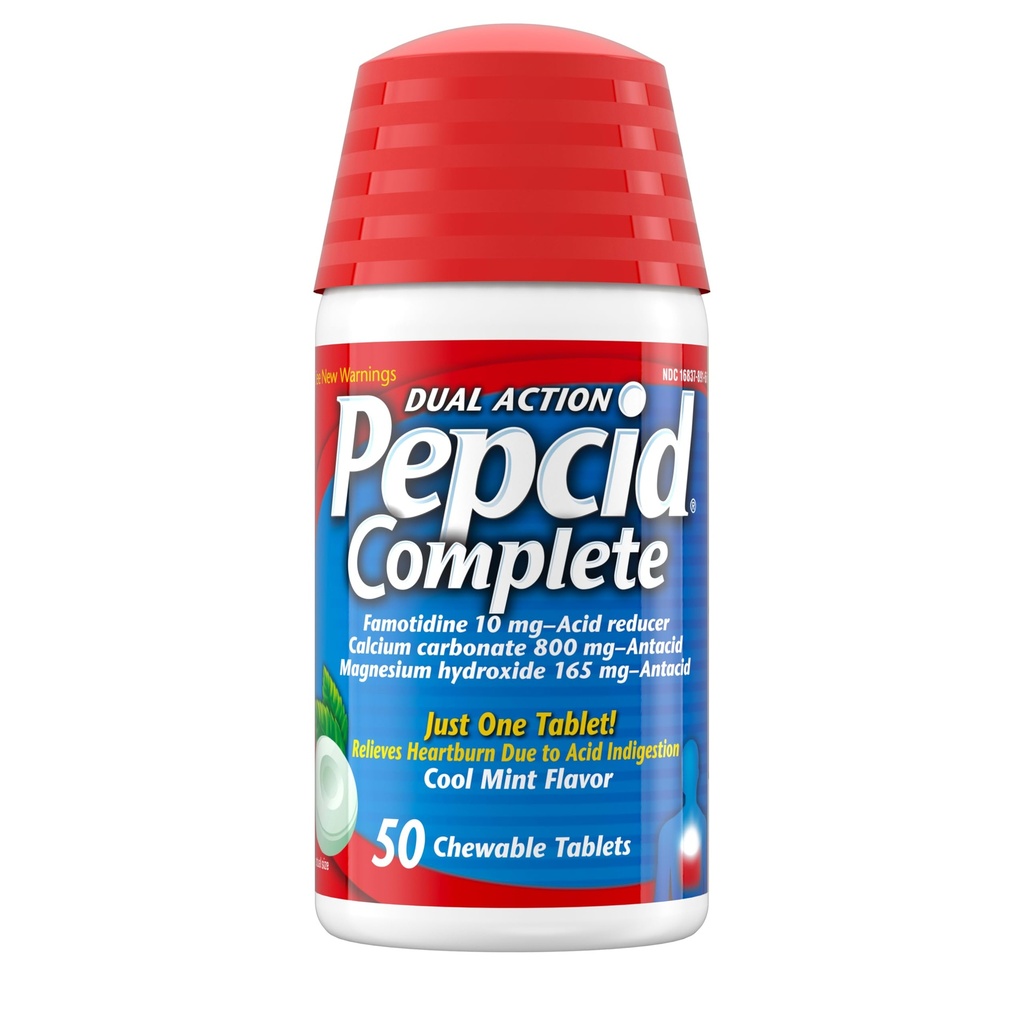 Pepcid Complete Acid Reducer + Antasidi Acid Refluxille, 10 mg fomotidiini, 800 mg kalsiumkarbonaatti & 165 mg Magnesiumhydroksidia/ Heätäpolttolääketabletti, antasidipurukumi, minttu, 50 ml