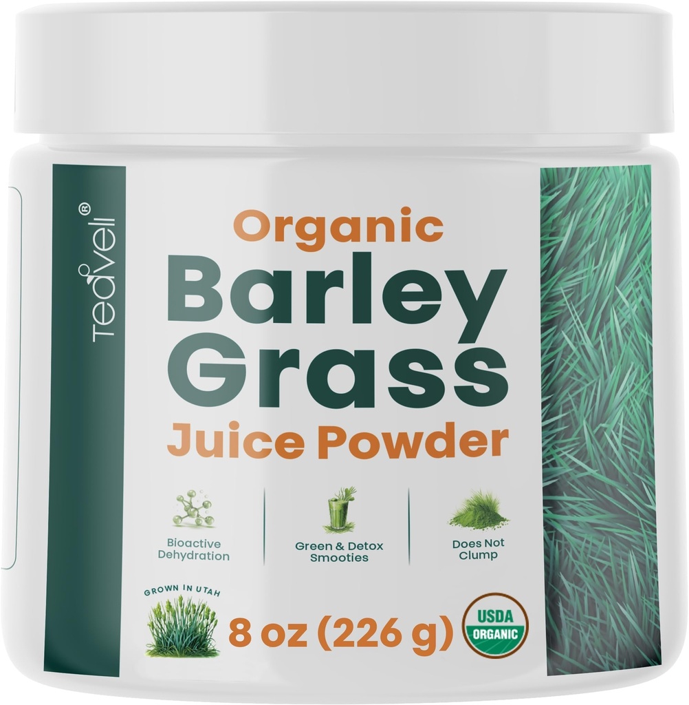 Teaveli Organic Barley Grass Juice Powder - Raw, Utah Grown Barley Grass Juice Extract för Detox- kompletterar Wheatgrass Juice - Made i USA utan gluten, tillsatser eller konserveringsmedel - 8 uns (226 Grams)