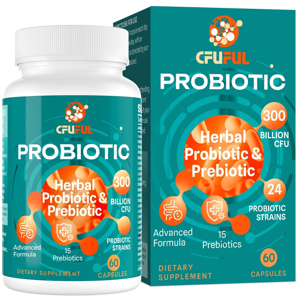 Probiotika för kvinnor och män - 300 miljarder CFU, 24 Strains Probiotic + 15 Organic Herbs Prebiotics Blend, för Total Digestive Gut Health, Immune, Constipation & Bloating, Shelf Stable - 2 Månadsförsörjning
