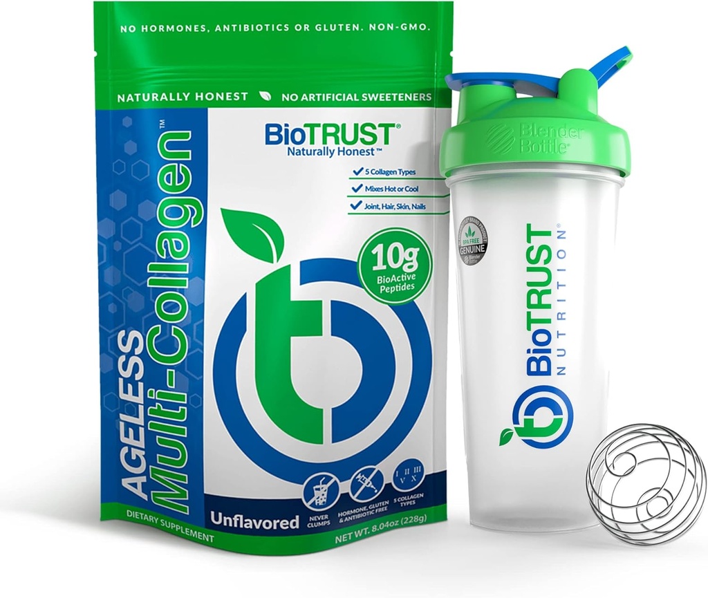 BioTrust Ikääntymätön Multi Collagen 5-in-1 Proteiinijauhe (ei maustettu) BlenderBottle Bundle