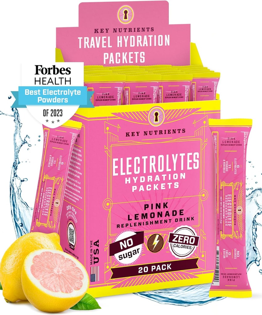 Avainaineet Elektrolyyttejä Powder Packets - Fresh Pink Lemonade 18 Pack Hydration Packets - Travel Hydration Powder - Ei sokeria, ei kaloreita, Gluteeniton - Made in USA