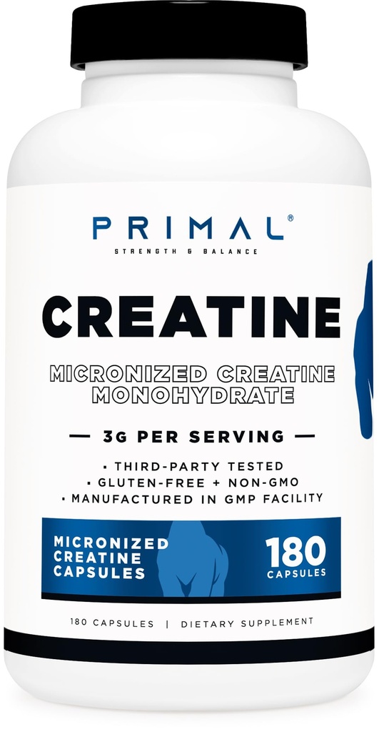 Primal Creatine Monohydraatti (3000 Mg, 180 Caps) - Micronized Creatine Supplement, 750 mg per kapseli, Suuri Esitreenata ja Recovery - Gluteeniton, ei GMO