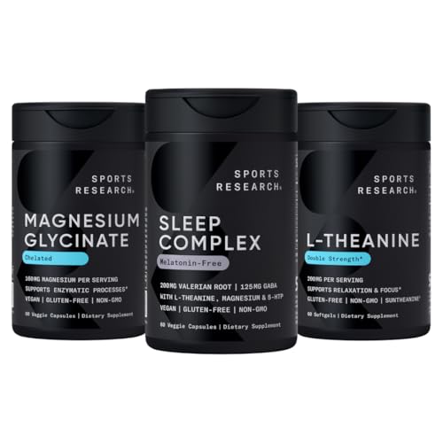 Sports Research Double Strength L-Theanine Supplement Softgels for Focus & Relaxation, Magnesium Glycinate for Rentouttava uni & Entsymatic Processes + Unikompleksi Melatoniinittomat vegaaniset kapselit