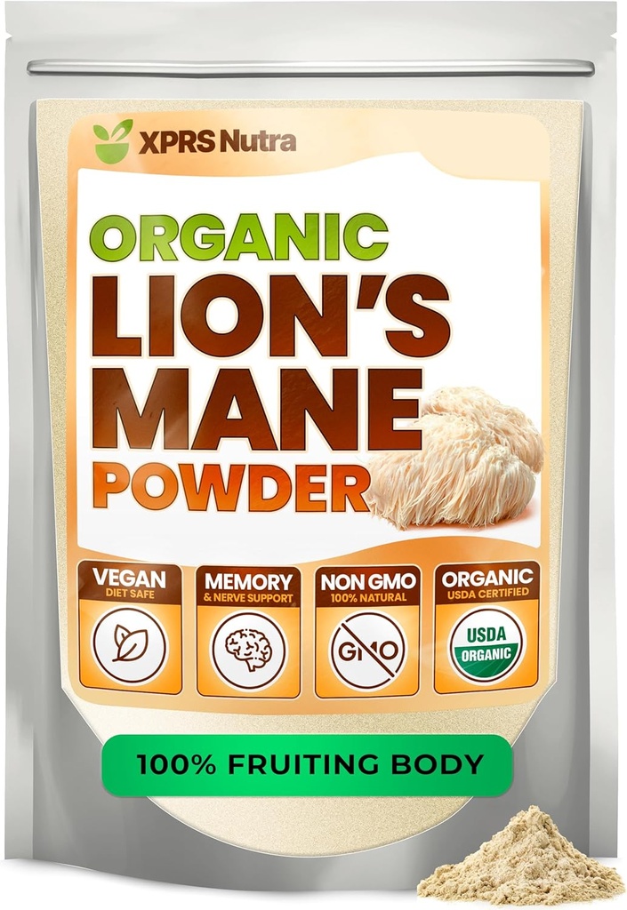XPRS Nutra Organic Lion's Mane Mushroom Powder - Premium för mental klarhet, kognition och immunitet - Vegan Friendly (16 oz)
