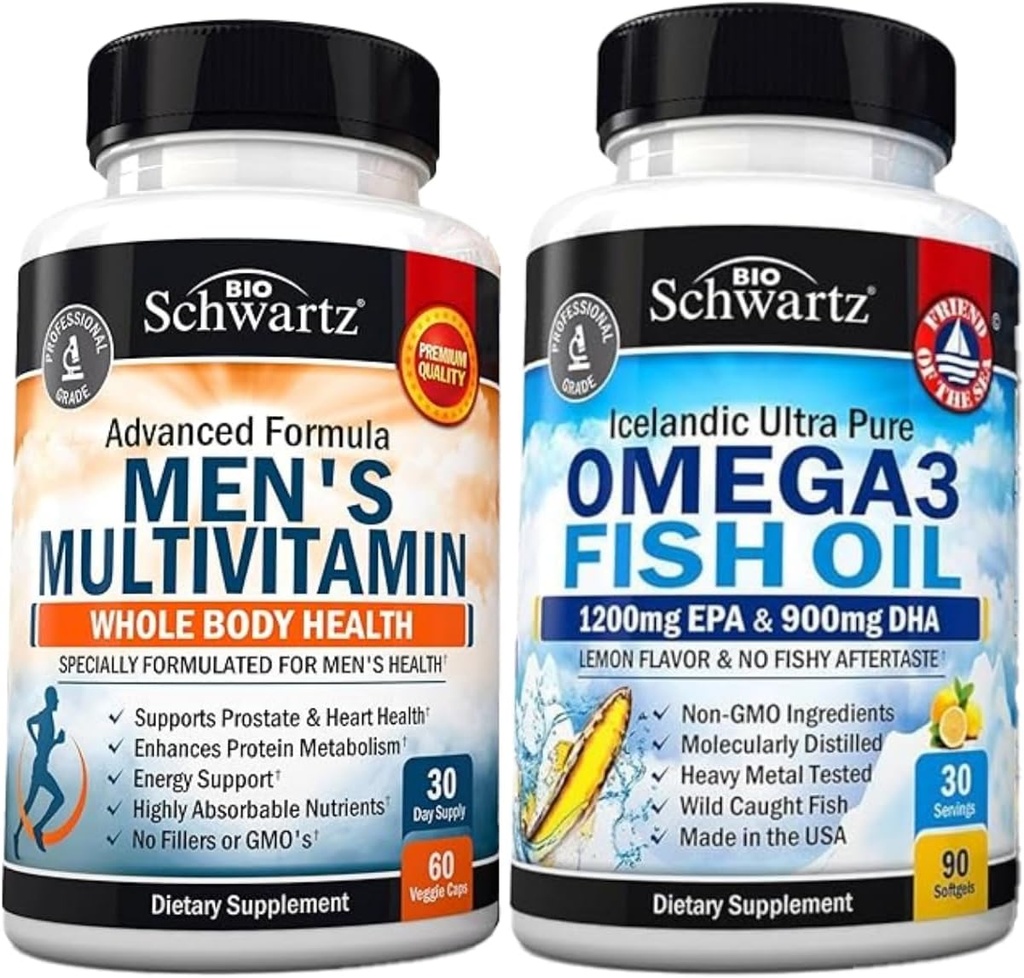 Advanced Daily Miesten Multivitamiini C-vitamiini B D3 E ja sinkki (1 kuukausi tarjonta) Plus Triple vahvuus Omega 3 Kalaöljy Softgels (1 kuukausi tarjonta)