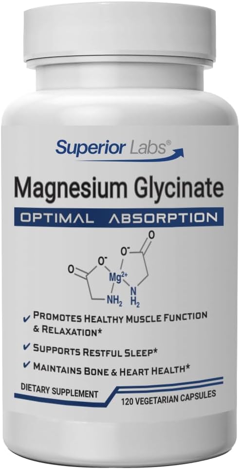 Superior Labs Magnesium Glycinate 1250 mg, korkea absorptio, puhdas non-GMO, tukee laadukasta unta, helposti lihaskramppeja, luun ja sydämen terveys, 120 Veg Caps