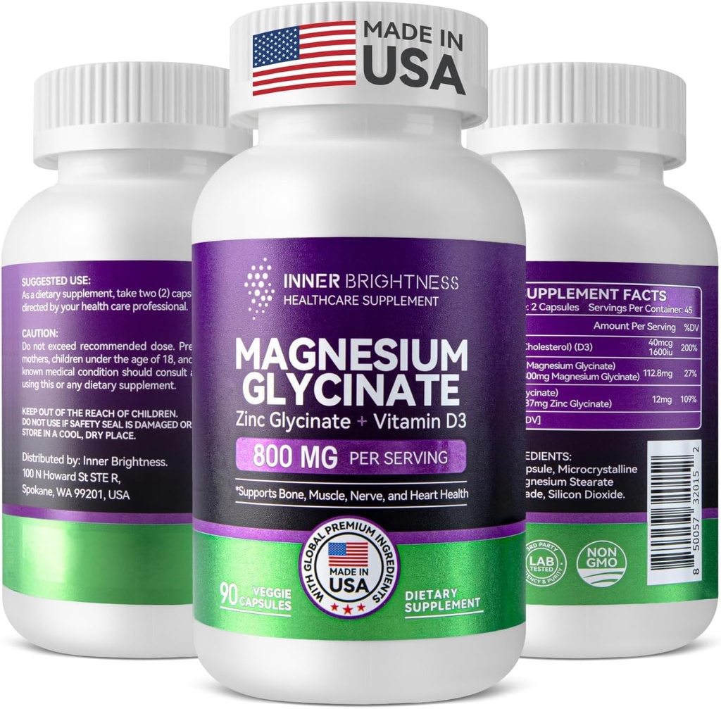 Magnesium Glycinate - Magnesiumlisä Sinkki & D3-vitamiinille immuuni, luu- ja lihastuki ja sydänterveys - ei-GMO, Gluteeniton, Hellävarainen vatsa - 90 kasvissyöjän kapselit