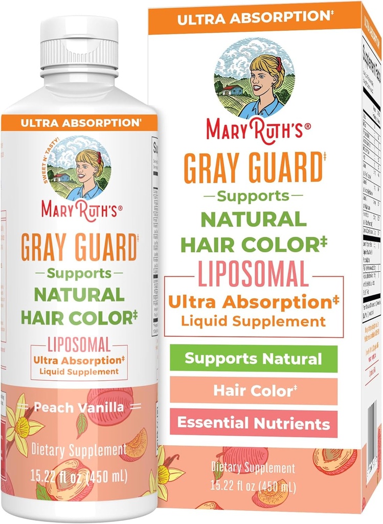 MaryRuth Organics Gray Guard Liposomal, stöder naturlig hårfärg, med Copper & Pantothenic Acid, Helig Basil & Traditionella örter, Vitamin E & Vitamin B för övergripande hälsa, Ålder 18 +, 15.22 Fl oz