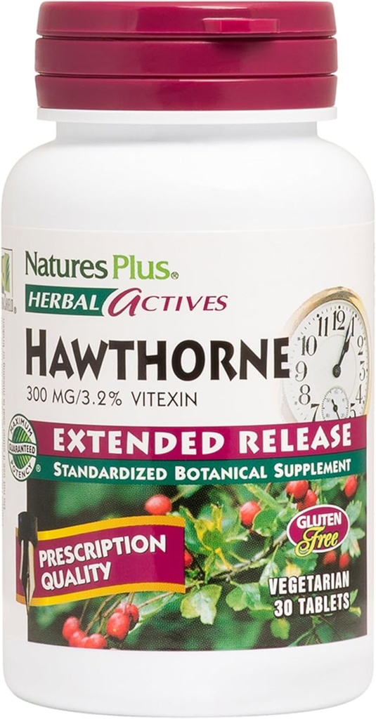 Natures Plus Herbal Actives Hawthorne - 300mg, 3,2% Vitexin, 30 Vegan tabletter - 30 portioner