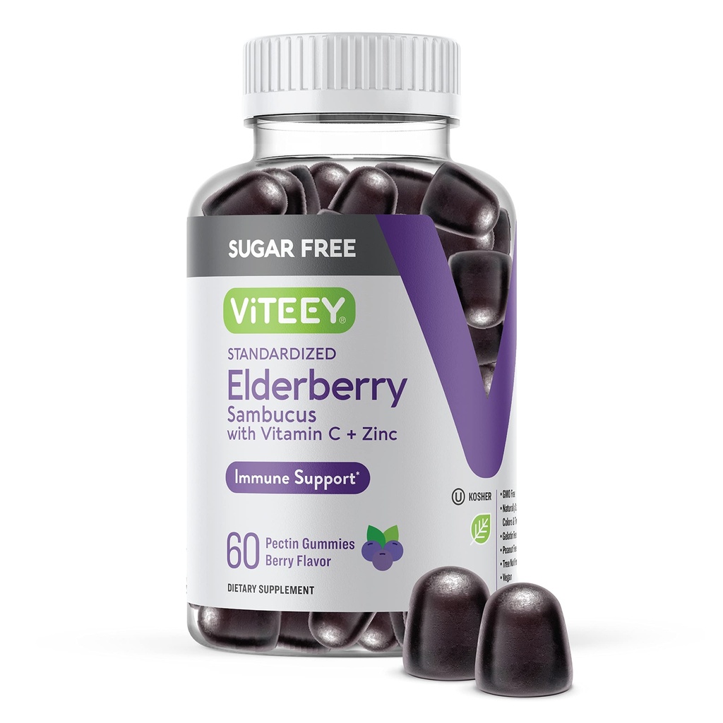 VITEEY Sambucus Elderberry Gummies for Adults & Teens + Zink & Vitamin C - Sugar Free - Immune Support & Booster Herbal Supplement - Vegan, Gluten Free, Gelatin Free, GMO Free, Chewable Berry Flavored