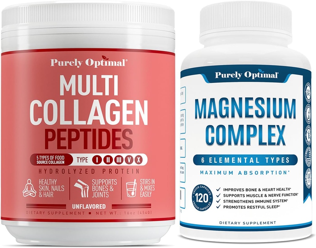 Puhtaasti Optimal Premium Multi Collagen Powder + Premium Magnesium Complex - Magnesium Sitraatti, Malaatti, Lihasrelaksaatio - 120 kapselia