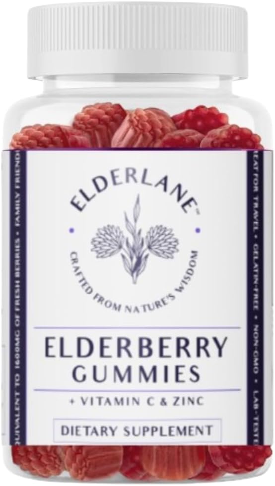 Elderlane Elderberry Gummies aikuisille ja lapsille - Immuunituki - ei-GMO, Vegan, Gluteeniton, Liivate-vapaa - 60ct, 100mg