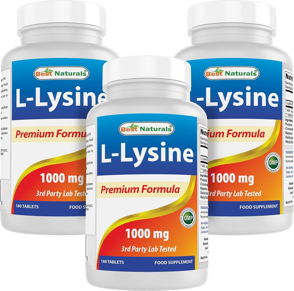 Best Naturals L-Lysine 1000 mg 180 tablettia (180 tablettia (pakkaus 1)) (3 pulloa)