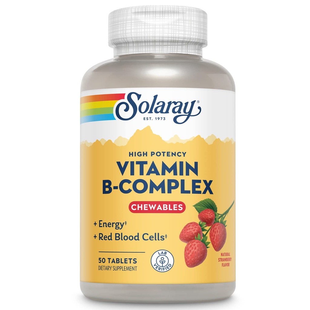 SOLARAY-vitamiini B-komplex purut, mansikat, terve energia, punainen verisolu, stressi & aineenvaihdunta tuki, 50 tablettia
