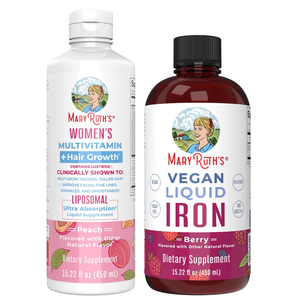 MaryRuthin naisten monivitamiini + hiusten kasvu Liposomal (Peach) & Iron Liquid (Berry) 