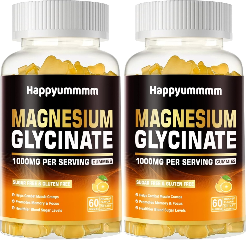 Magnesium Glycinate Gummies 1000 mg - Sokeriton magnesium Kaliumlisä D-vitamiinia, B6, CoQ10 rauhoittavaa mielialaa & uni tukea - 120 Orange Gummies.