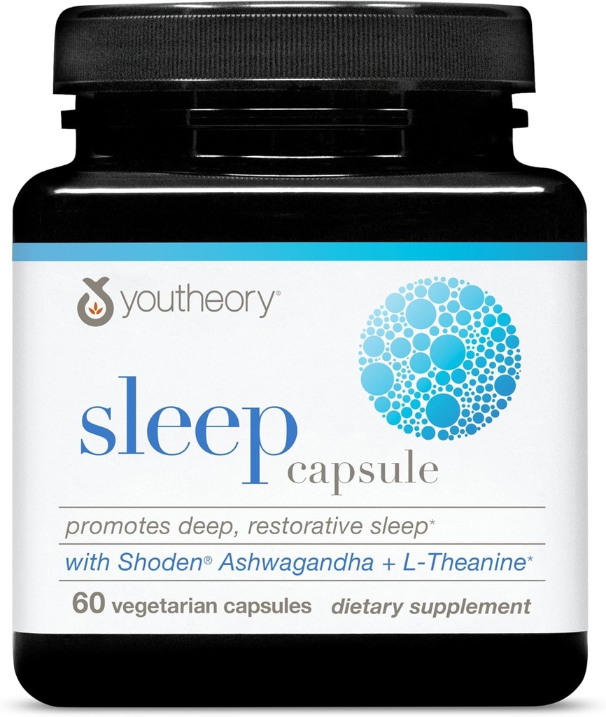 Youtheory Sleep Capsule - Vegan Sleep Support Supplement med Passion Flower, Lemon Balm, L-theanine & Ashwagandha * - 60 Vegetariska kapslar