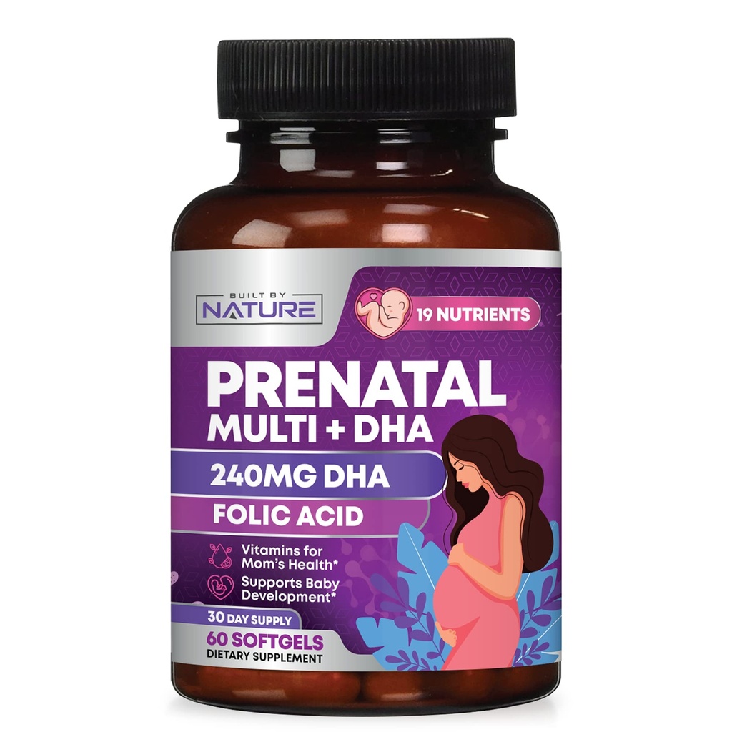 Naisten prenataali vitamiinit - monivitamiini DHA, Foolihappo, C-vitamiini, B12, Iron & Omega-3 - ennen, raskauden jälkeen täydentää tervettä kasvua ja aivojen kehitystä - 60 Softgels