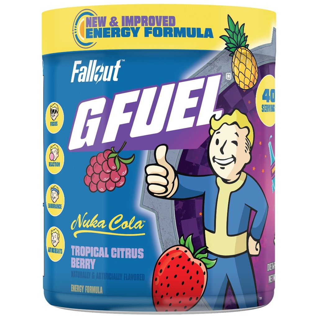 G Fuel Nuka Cola Energy Powder, Sugar Free, Clean Comfeine Focus Supplement, Water Mix, Tropical Citrus Berry Flavor, Focus Amino, vitamiini + antioksidantteja Blend - 9.8 oz (40 tarjoilua)