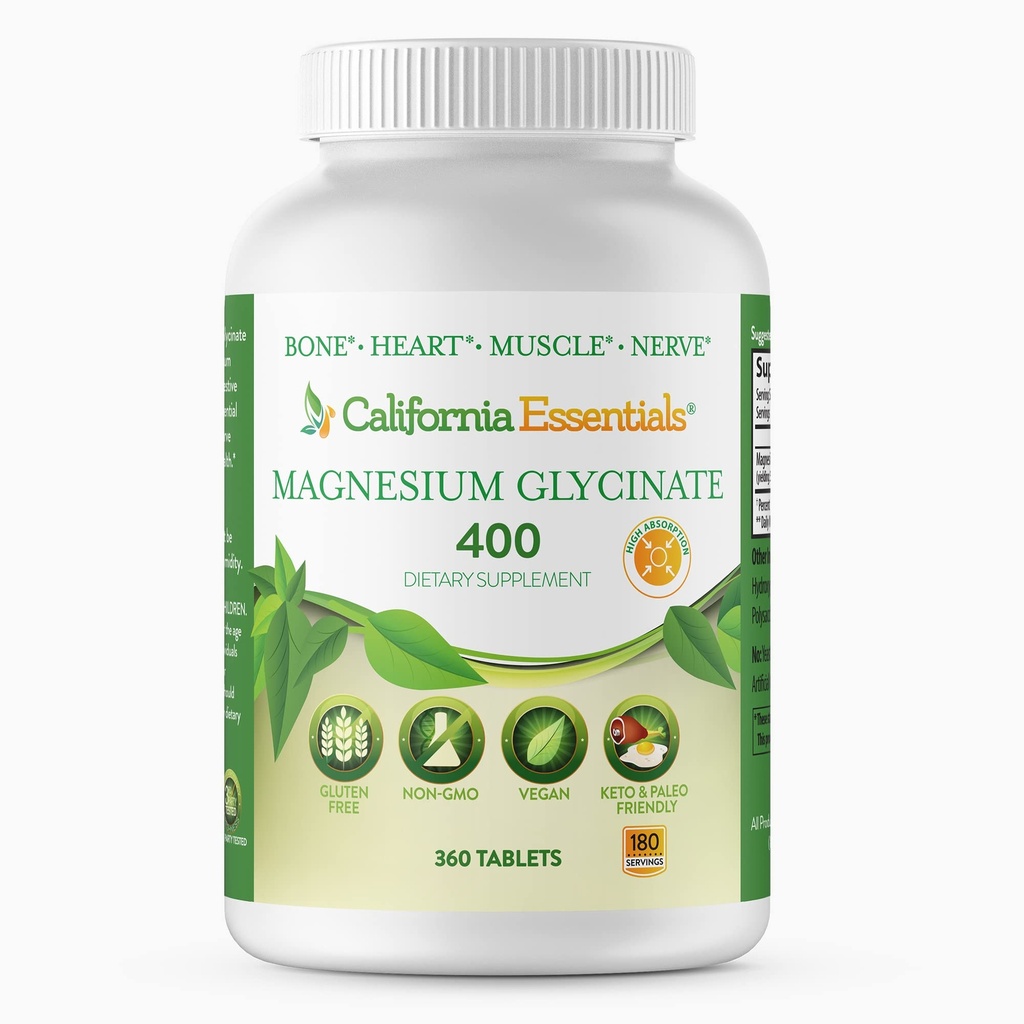 Kalifornia Essentials Magnesium Glycinate 400 - Kelatoitu, korkea imeytyvä elementti Magnesium lihasten lievitykseen, luun ja sydämen tuki -vegaaninen, ei-muuntogeeniset organismit, gluteeniton (360 laatikko 1)